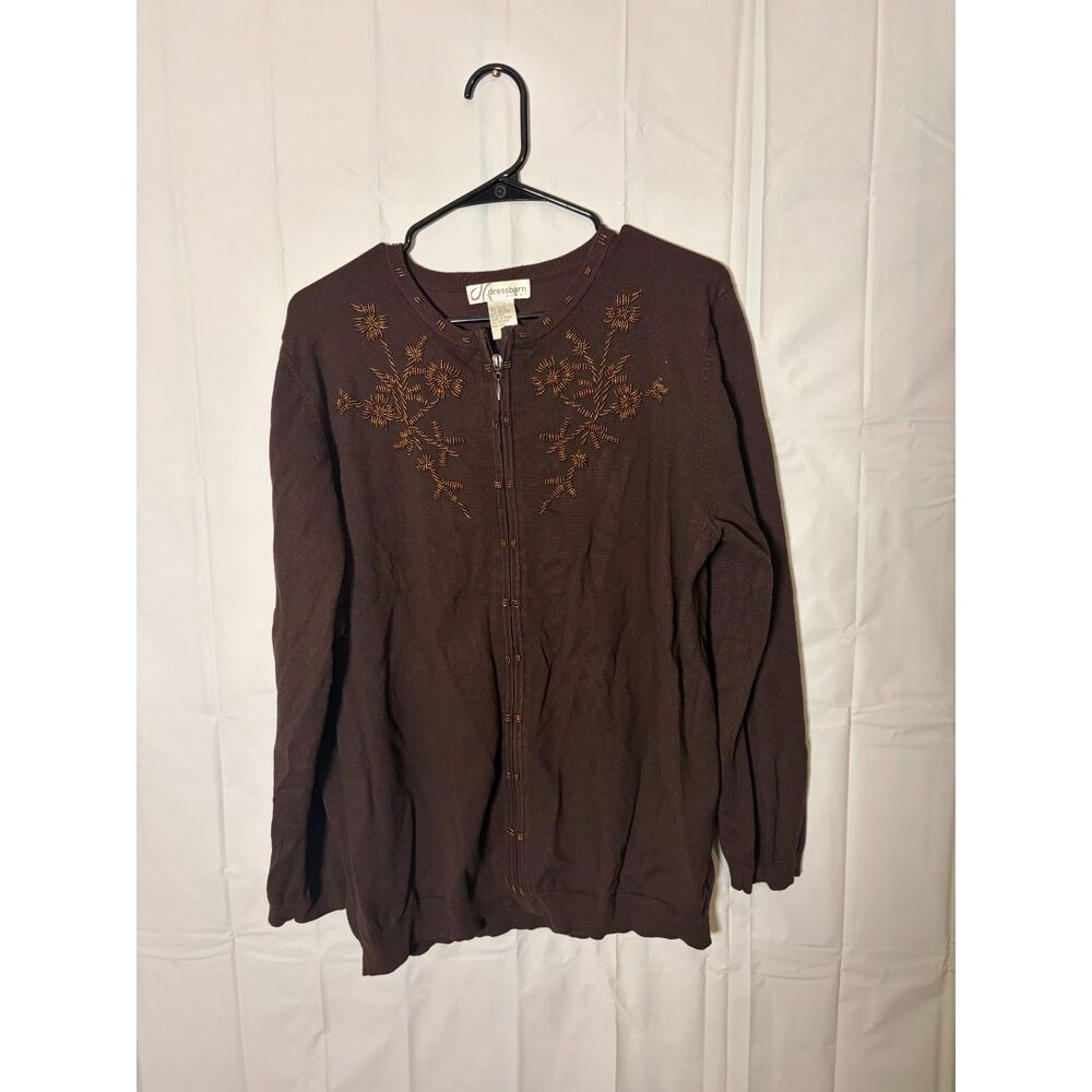 Dressbarn Womens Plus 18/20 Cardigan Sweater Brown Beaded Floral Zip Front Knit